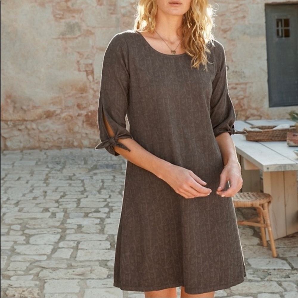 GARNET HILL Brown Jacquard Organic Cotton Tie Sleeve Dobby Dress sz 2